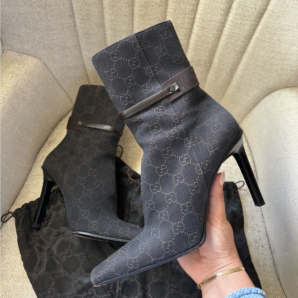 ❌ SOLD Vintage Gucci Tom Ford Monogram Canvas Pointed Toe Heeled Ankle Boots